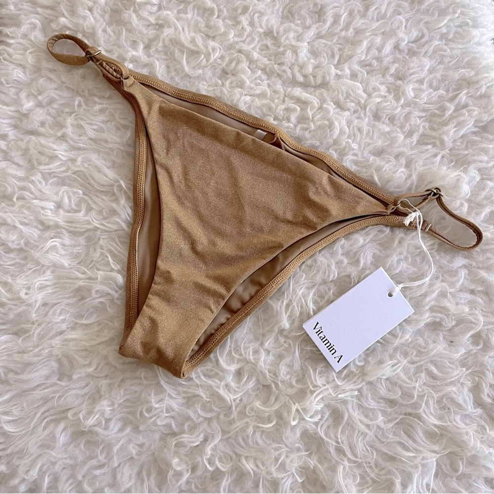 Vitamin A Moss Adjustable Side String Cheeky Bikini Bottom Metallic Gold Size XL